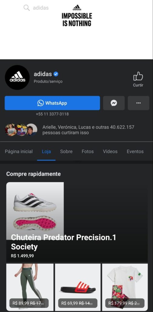 Em sua página no Facebook, a Adidas colocou um catálogo de seus produtos